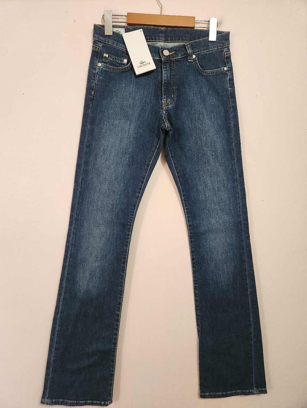 NWT Lacoste Blue Denim Mid Rise Slim Straight Jeans Contrast Stitch Size 36 / 4
